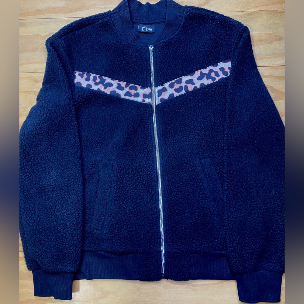 Zyia Active Womens Black Leopard Flying V Fleece Zipper Jacket Size Small - Picture 3 of 8